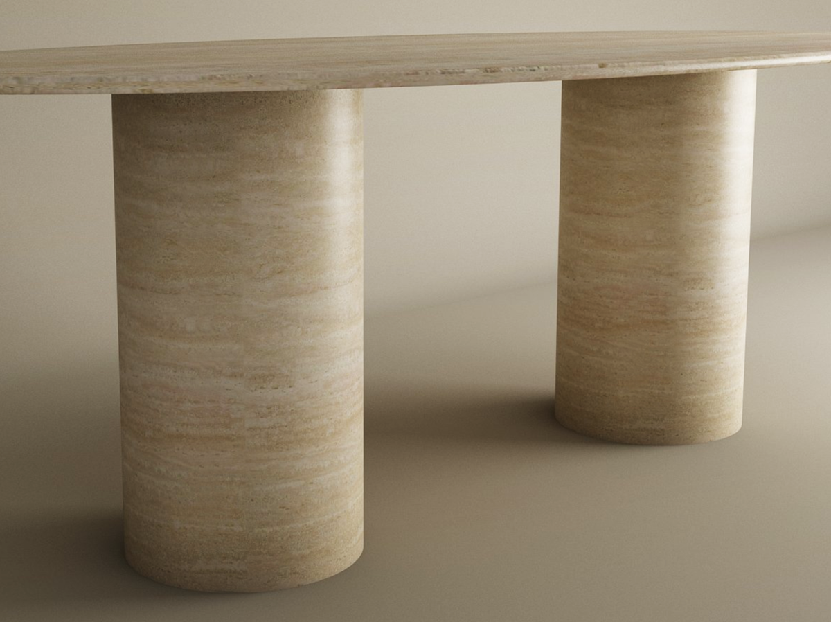 Elyra – Table à manger elliptique en travertin naturel avec base cylindrique lisse-Galerie Pietra
