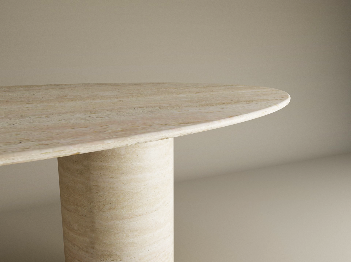 Elyra – Table à manger elliptique en travertin naturel avec base cylindrique lisse-Galerie Pietra