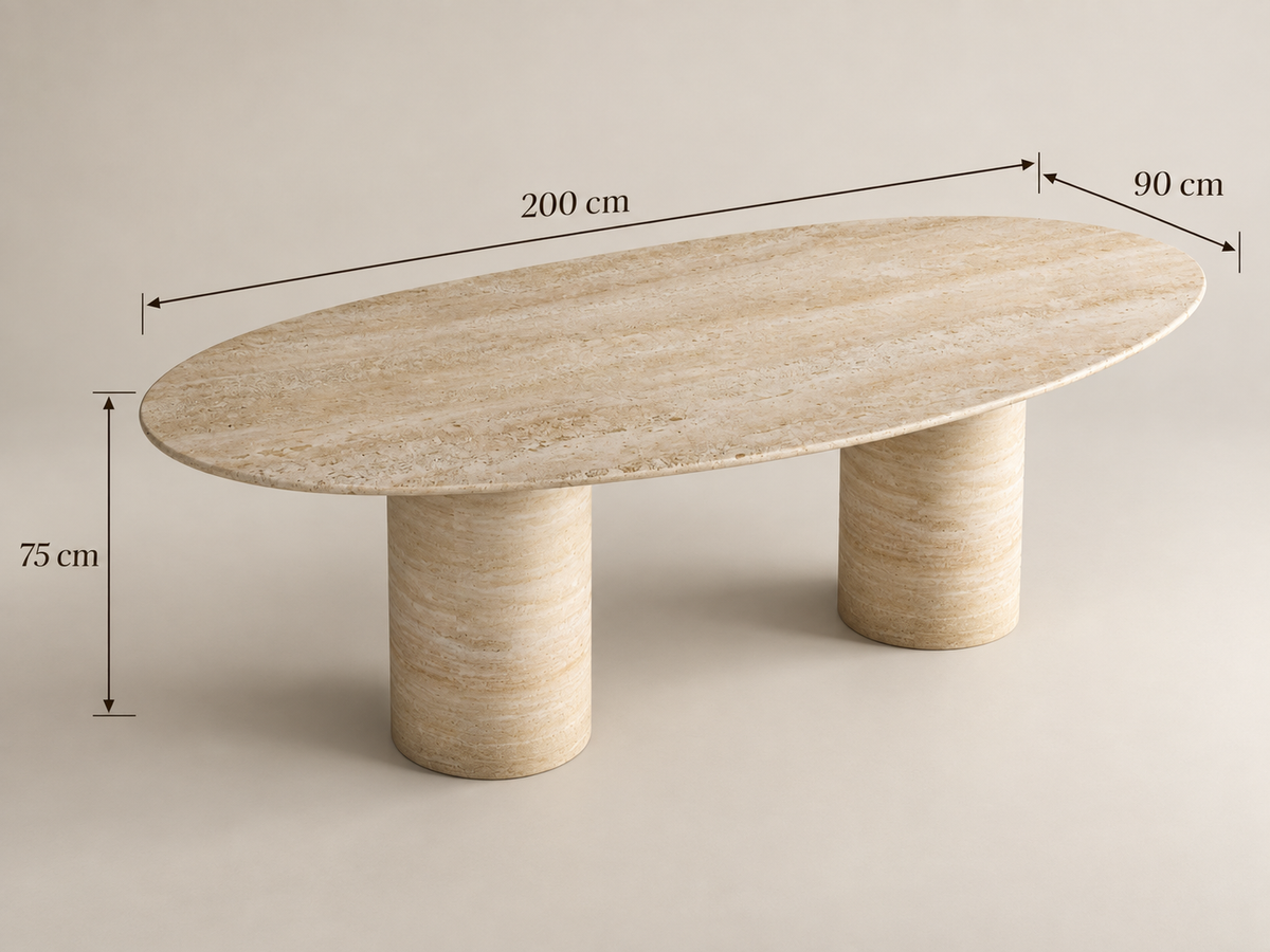 Elyra – Table à manger elliptique en travertin naturel avec base cylindrique lisse-Galerie Pietra