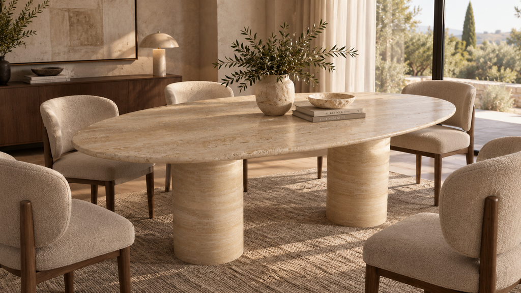Elyra – Table à manger elliptique en travertin naturel avec base cylindrique lisse-Galerie Pietra