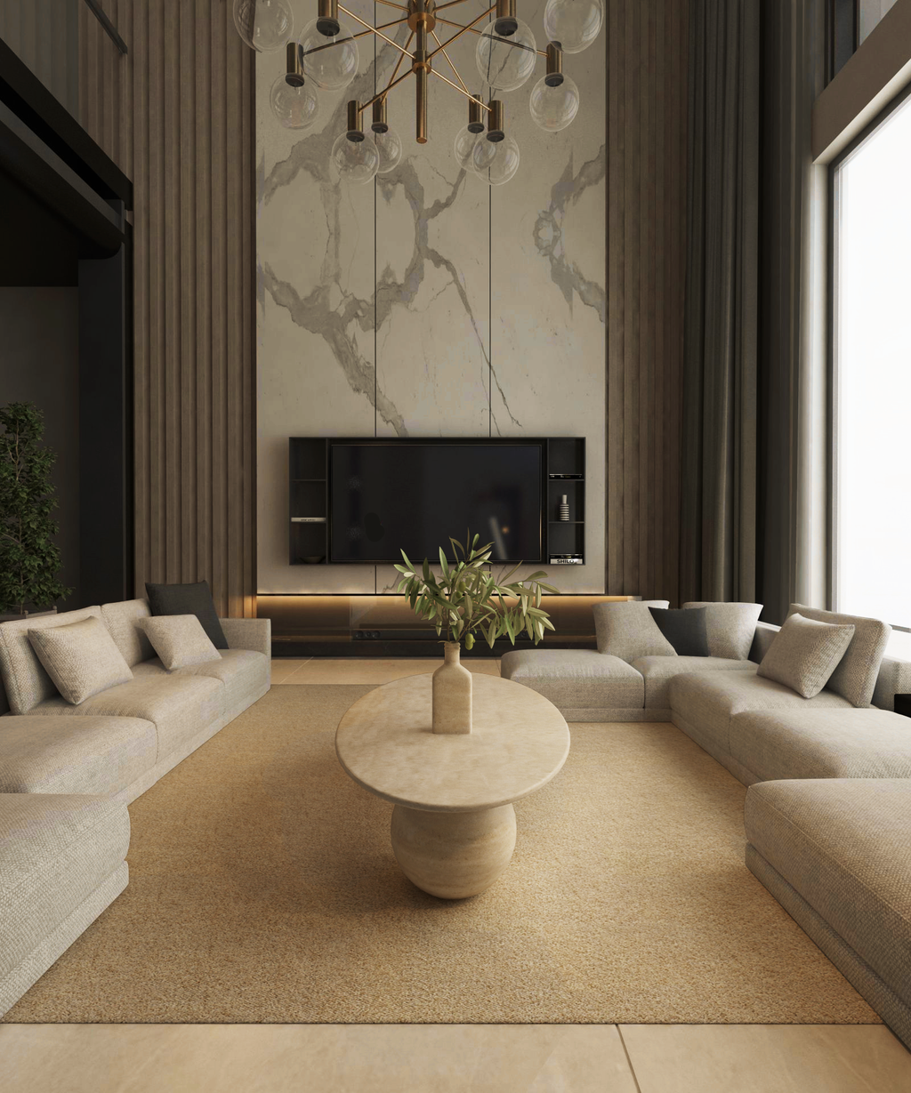 Elyra – Table basse elliptique en travertin naturel avec bases sphériques-Galerie Pietra