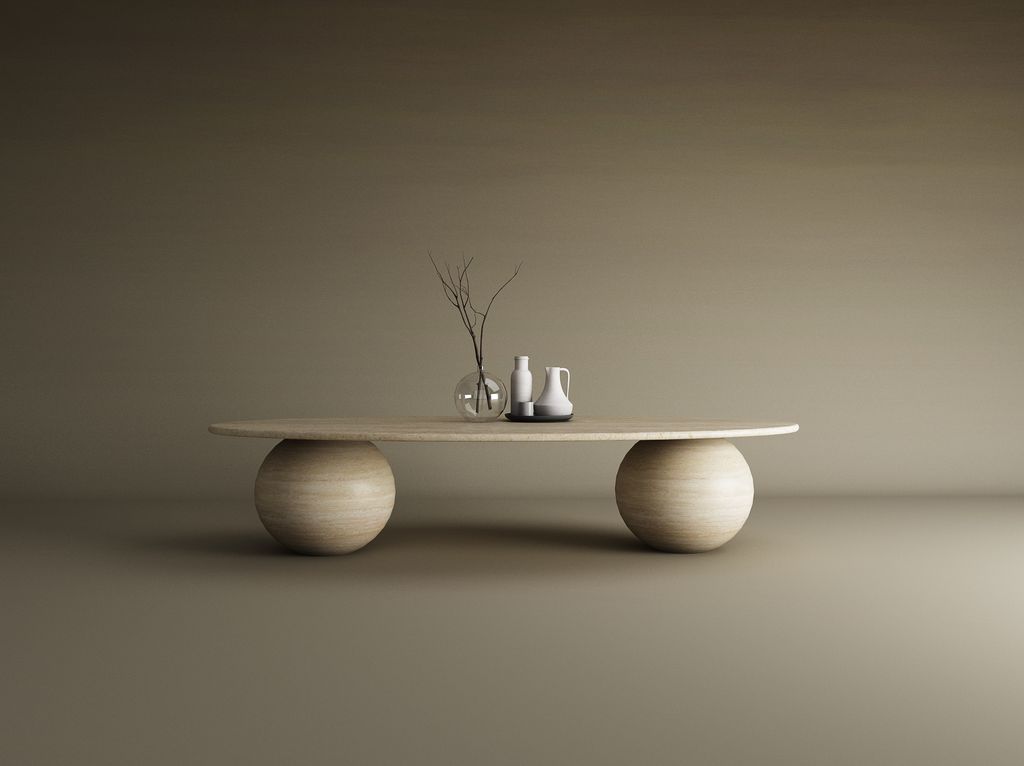 Elyra – Table basse elliptique en travertin naturel avec bases sphériques-Galerie Pietra