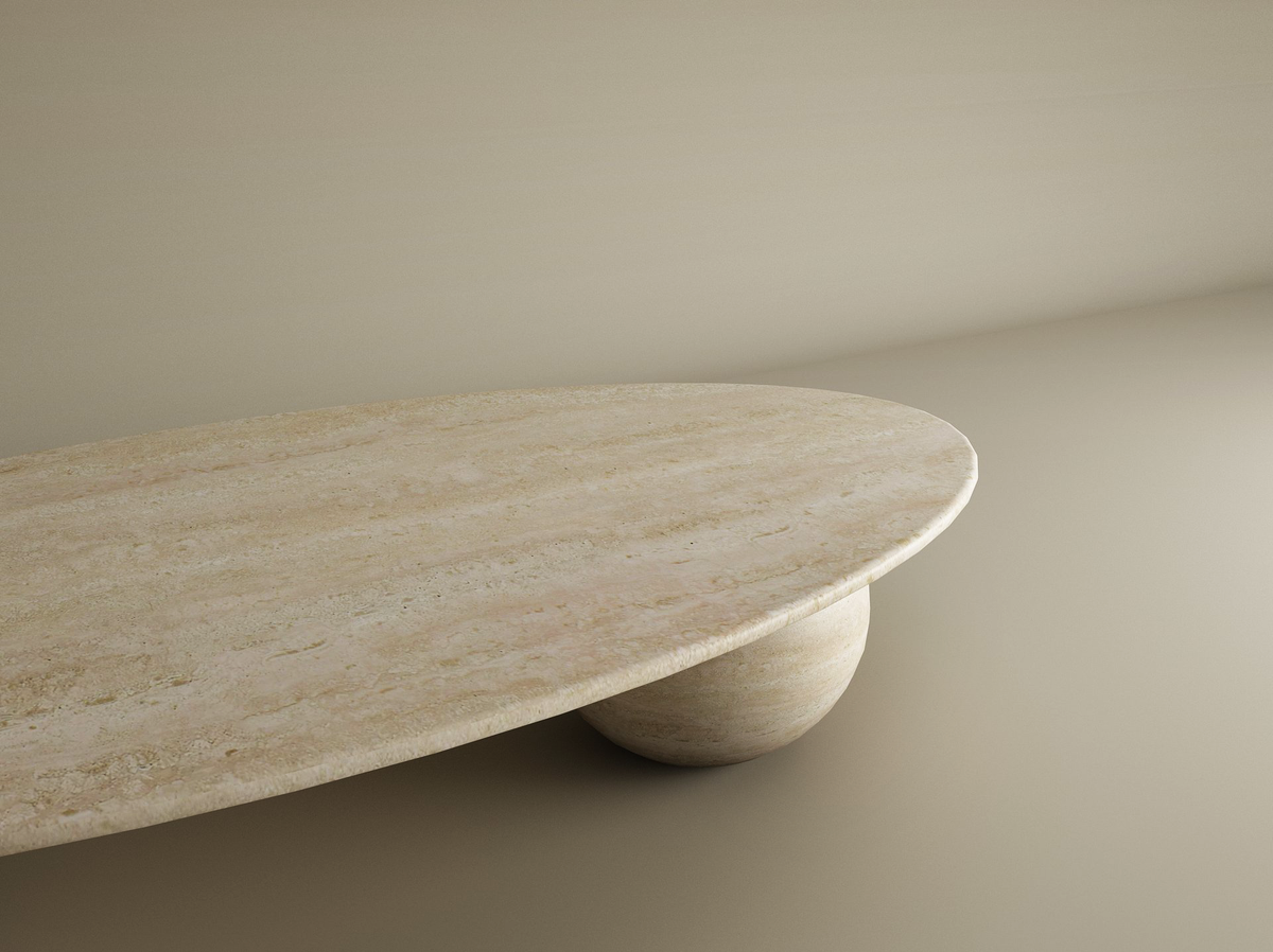 Elyra – Table basse elliptique en travertin naturel avec bases sphériques-Galerie Pietra