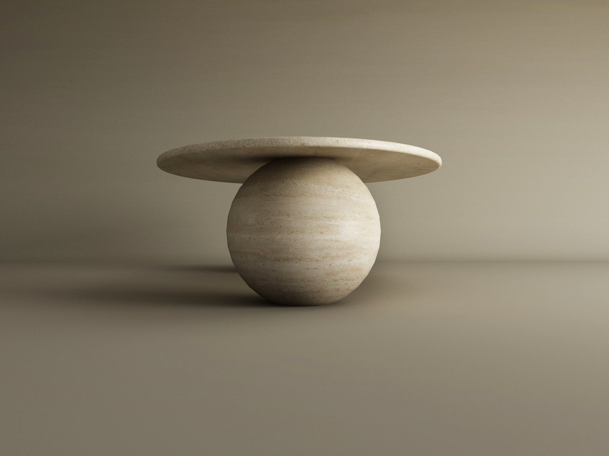 Elyra – Table basse elliptique en travertin naturel avec bases sphériques-Galerie Pietra