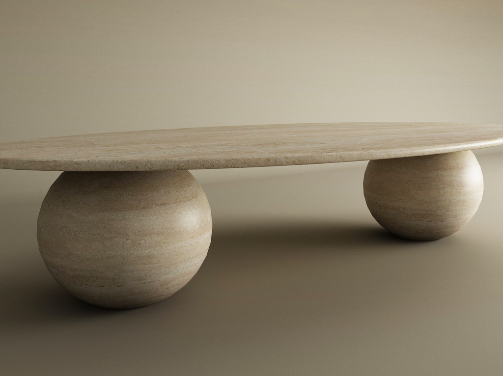 Elyra – Table basse elliptique en travertin naturel avec bases sphériques-Galerie Pietra