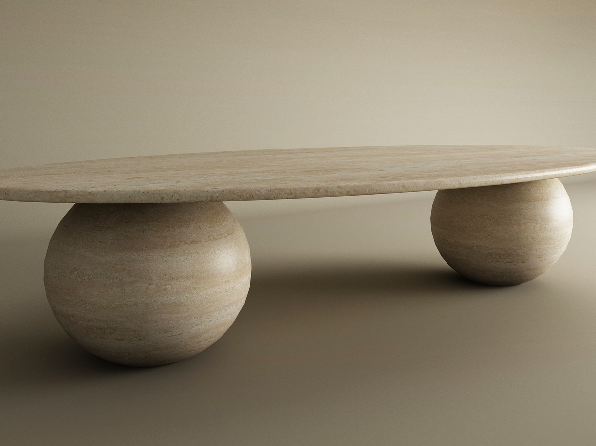Elyra – Table basse elliptique en travertin naturel avec bases sphériques-Galerie Pietra