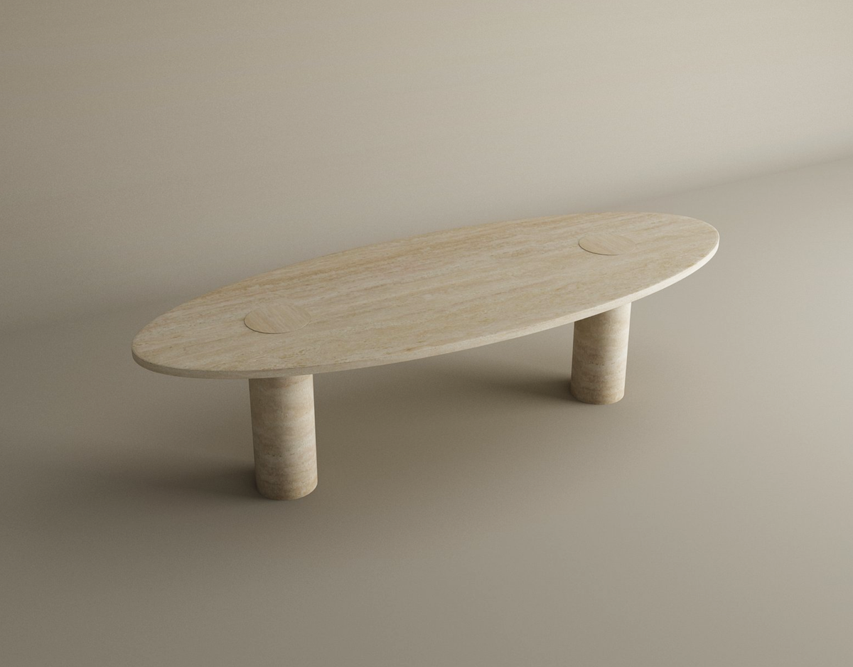 Evaro – Table basse elliptique en travertin naturel avec base cylindrique massive-Galerie Pietra