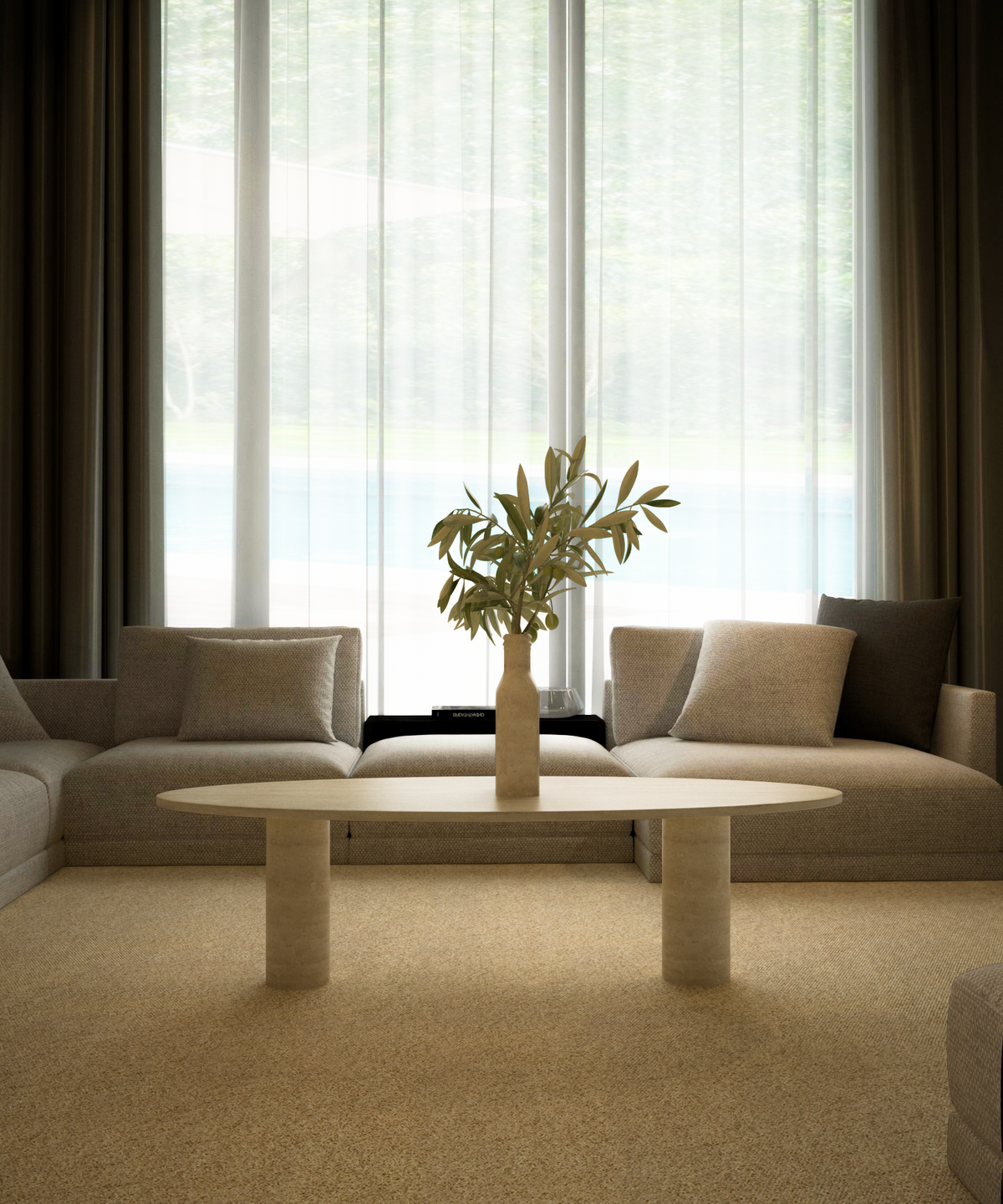 Evaro – Table basse elliptique en travertin naturel avec base cylindrique massive-Galerie Pietra