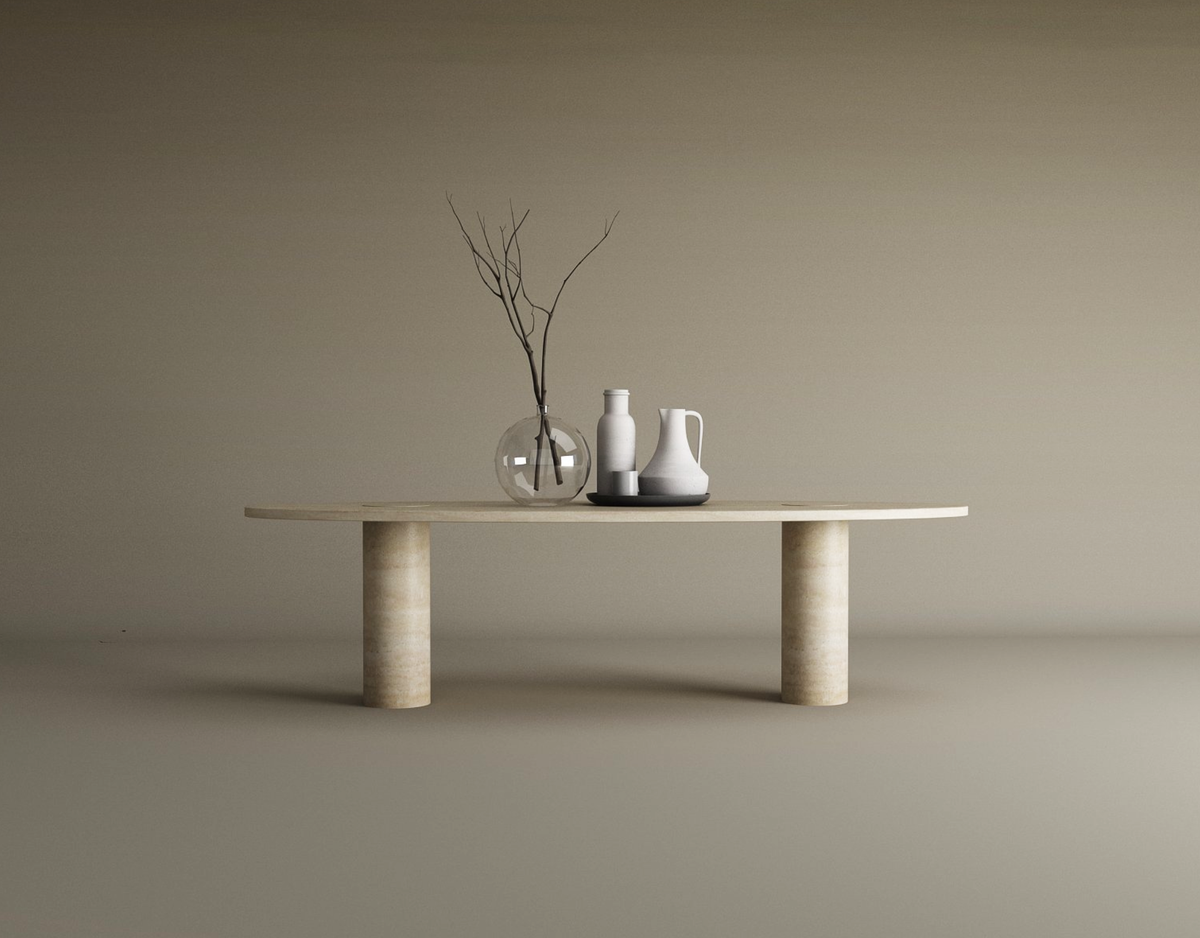 Evaro – Table basse elliptique en travertin naturel avec base cylindrique massive-Galerie Pietra