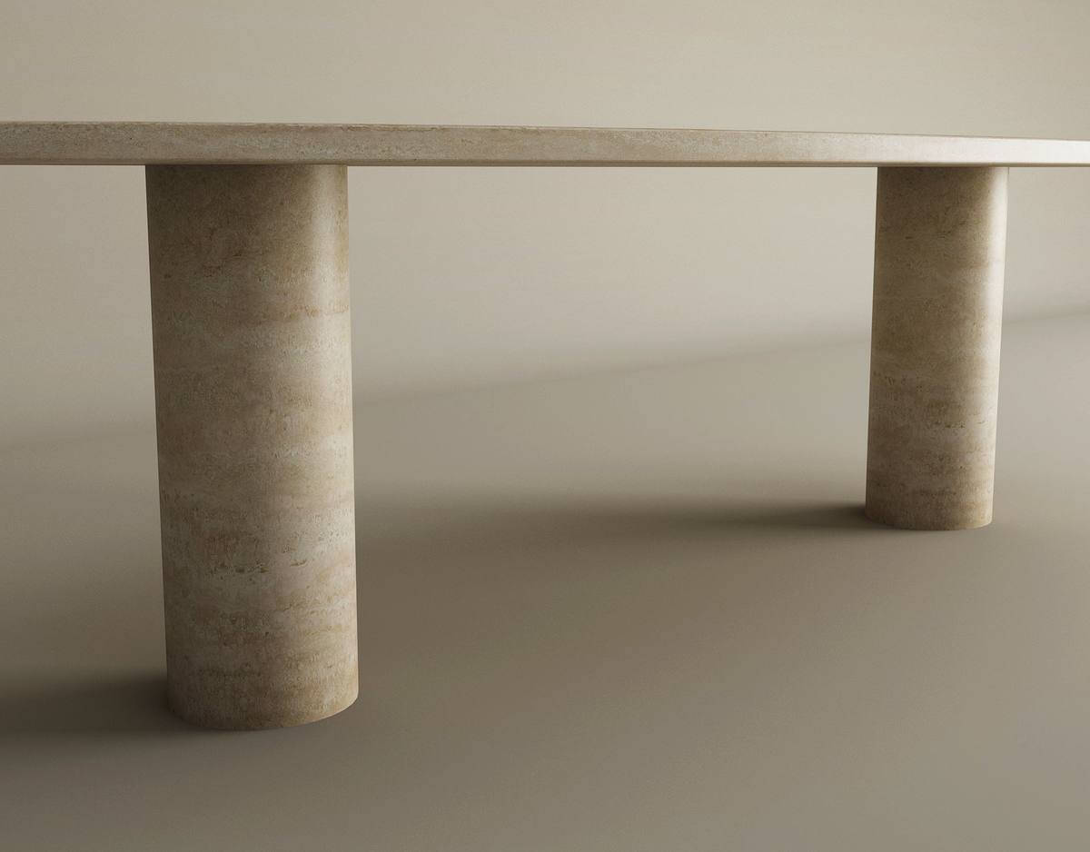 Evaro – Table basse elliptique en travertin naturel avec base cylindrique massive-Galerie Pietra