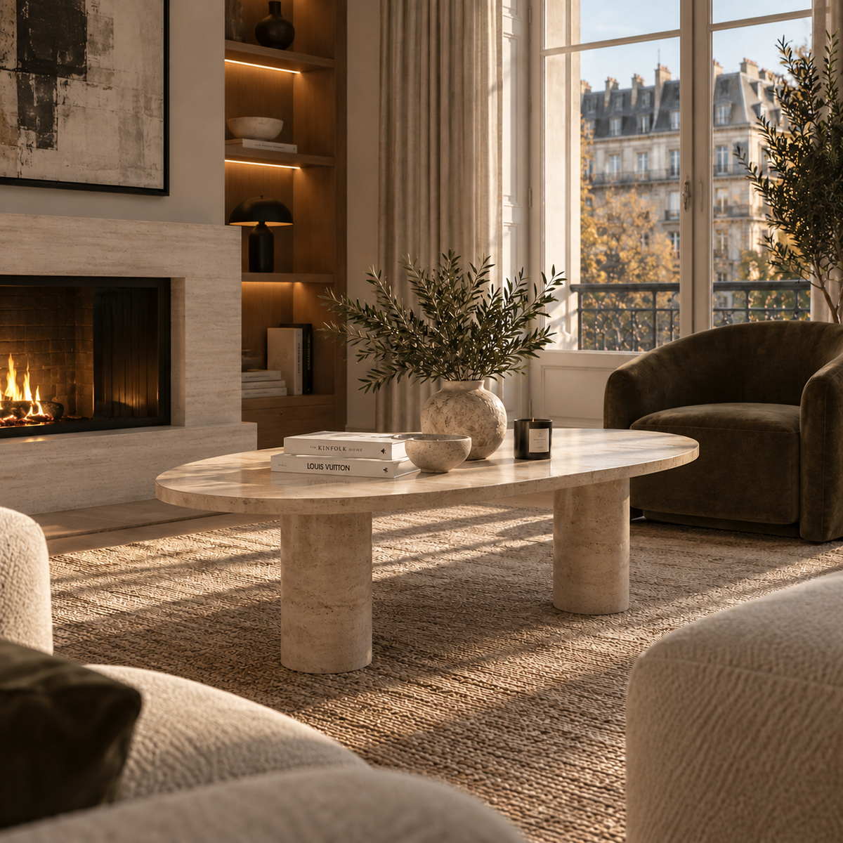 Evaro – Table basse elliptique en travertin naturel avec base cylindrique massive-Galerie Pietra