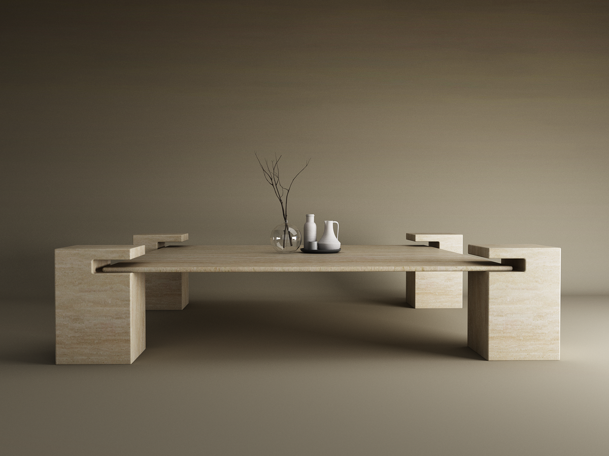 Kaelis – Table basse carrée en travertin naturel avec base carrée-Galerie Pietra