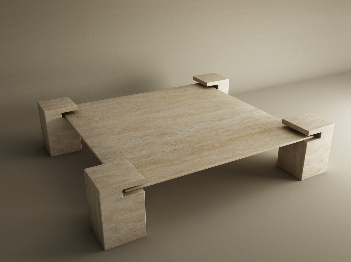 Kaelis – Table basse carrée en travertin naturel avec base carrée-Galerie Pietra