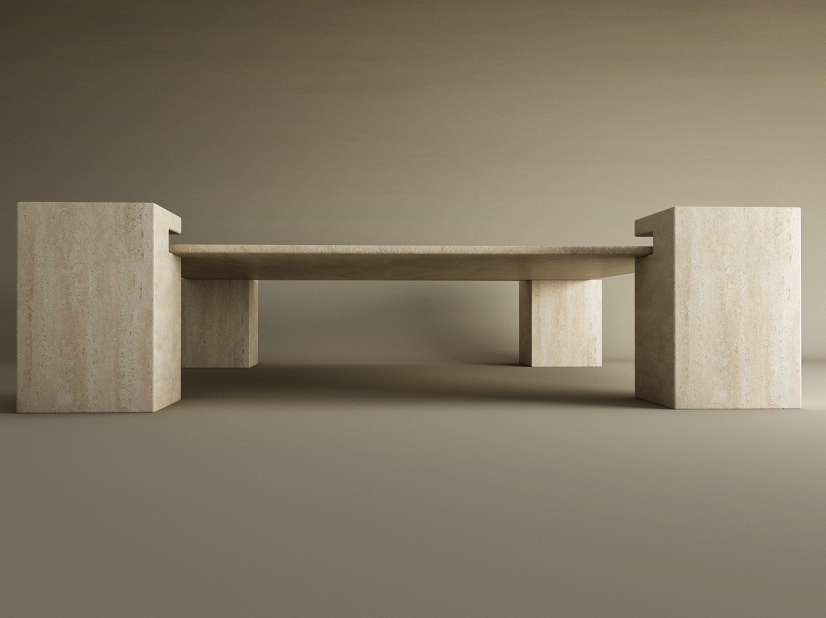 Kaelis – Table basse carrée en travertin naturel avec base carrée-Galerie Pietra