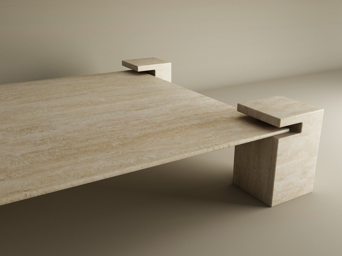 Kaelis – Table basse carrée en travertin naturel avec base carrée-Galerie Pietra