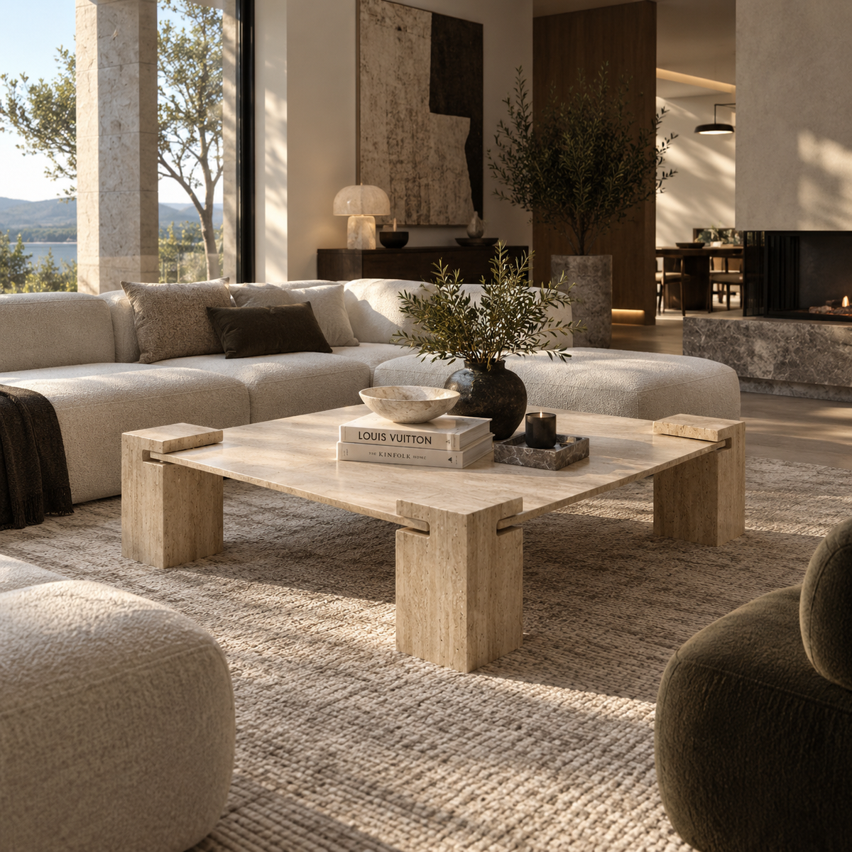Kaelis – Table basse carrée en travertin naturel avec base carrée-Galerie Pietra