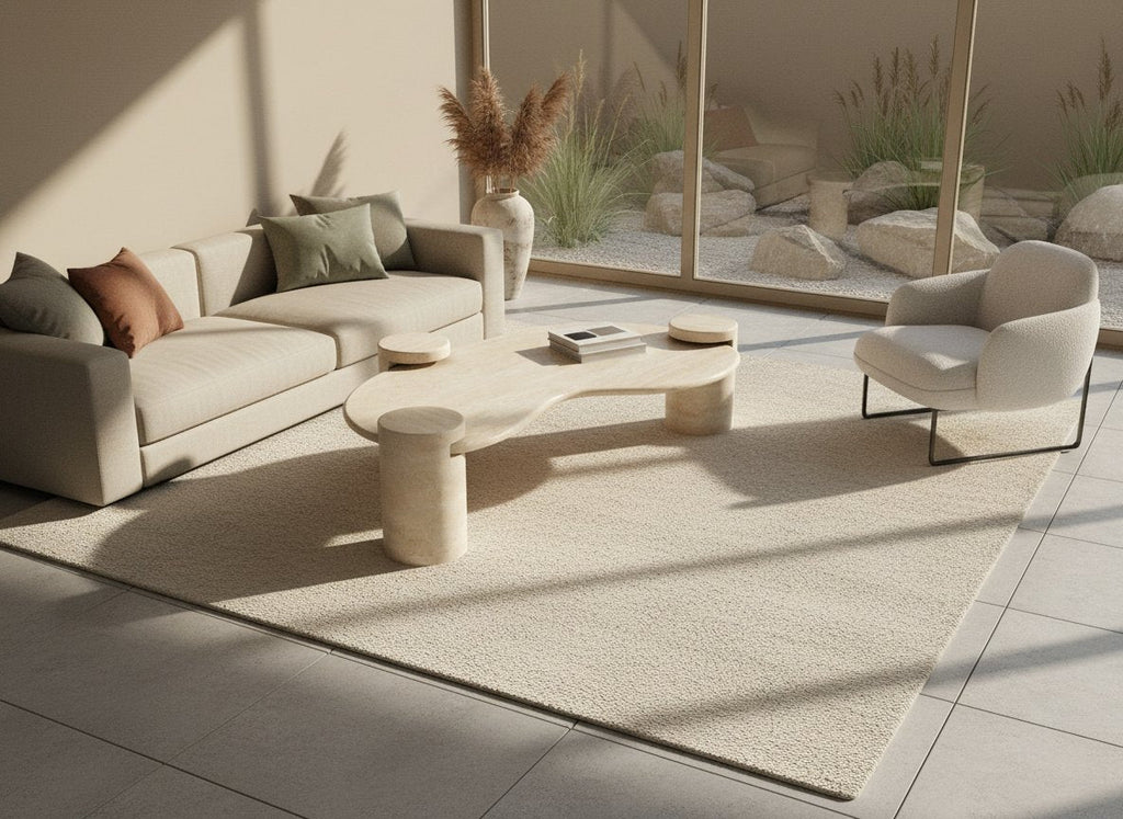 Liora – Table basse ondulée en travertin naturel avec piètements cylindriques-Galerie Pietra