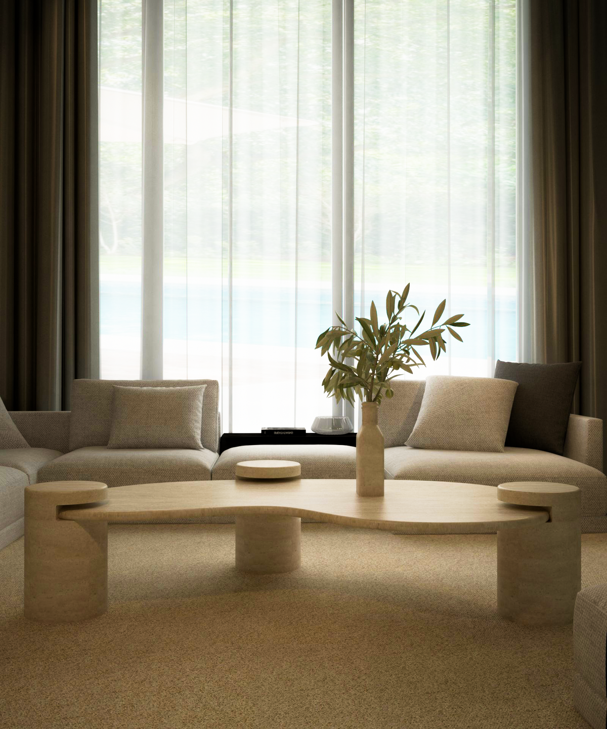 Liora – Table basse ondulée en travertin naturel avec piètements cylindriques-Galerie Pietra