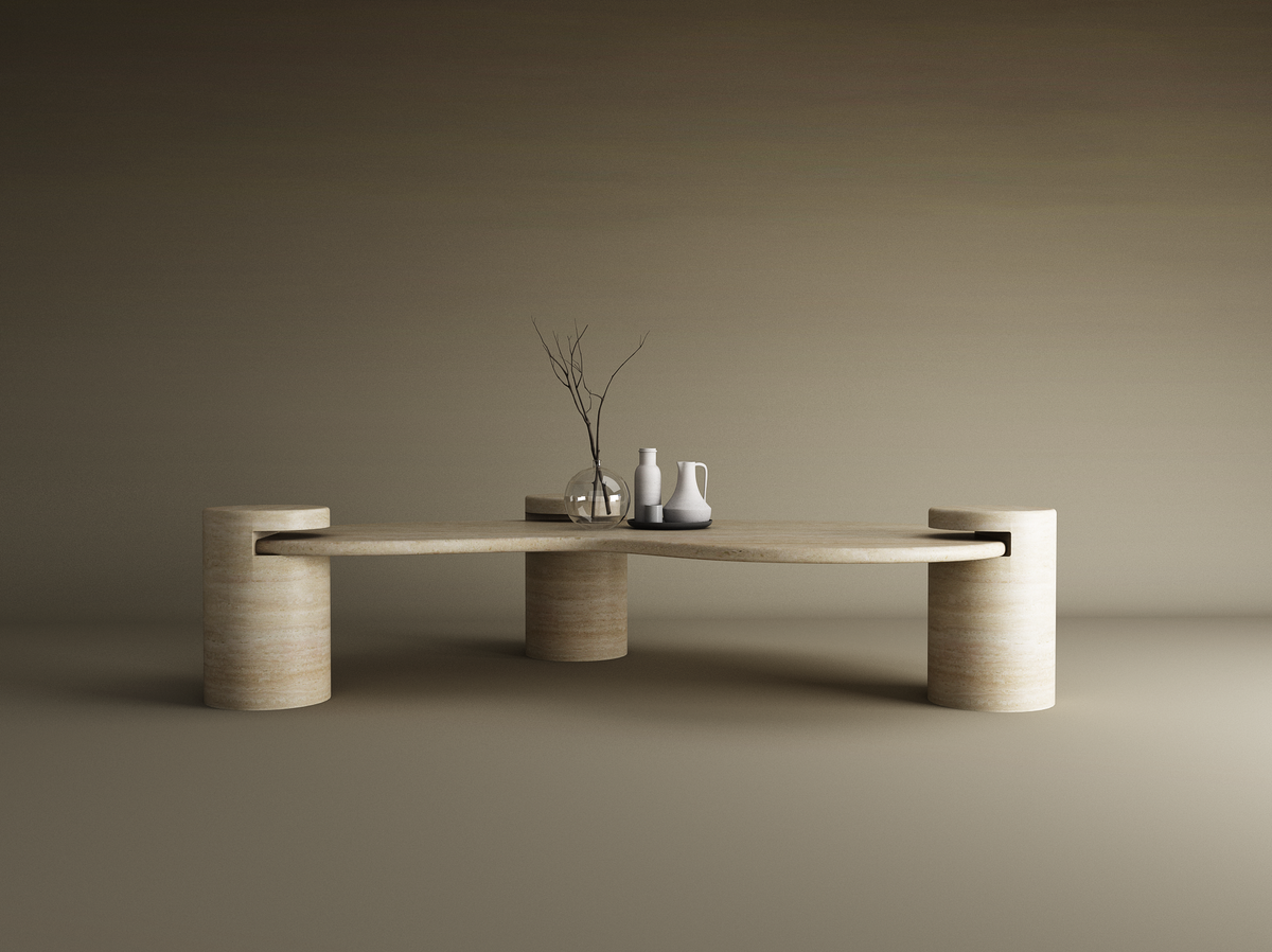 Liora – Table basse ondulée en travertin naturel avec piètements cylindriques-Galerie Pietra