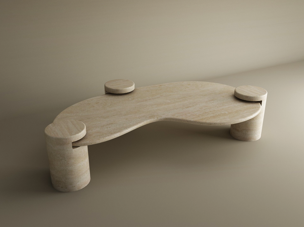 Liora – Table basse ondulée en travertin naturel avec piètements cylindriques-Galerie Pietra