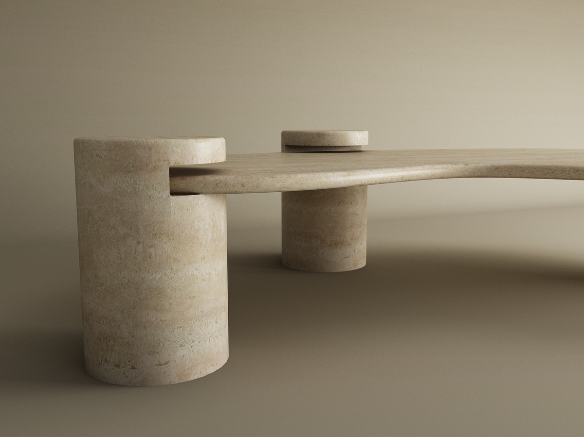 Liora – Table basse ondulée en travertin naturel avec piètements cylindriques-Galerie Pietra