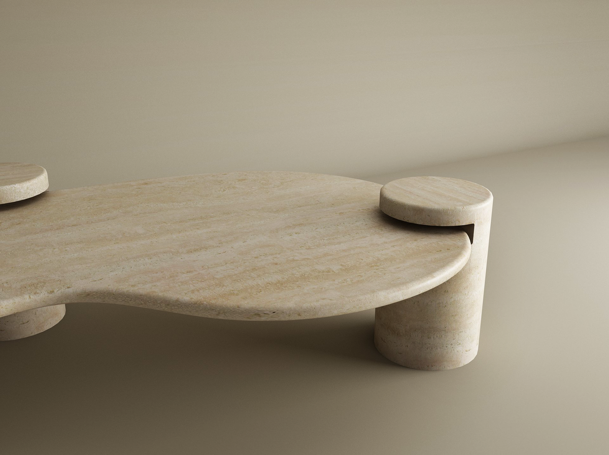 Liora – Table basse ondulée en travertin naturel avec piètements cylindriques-Galerie Pietra