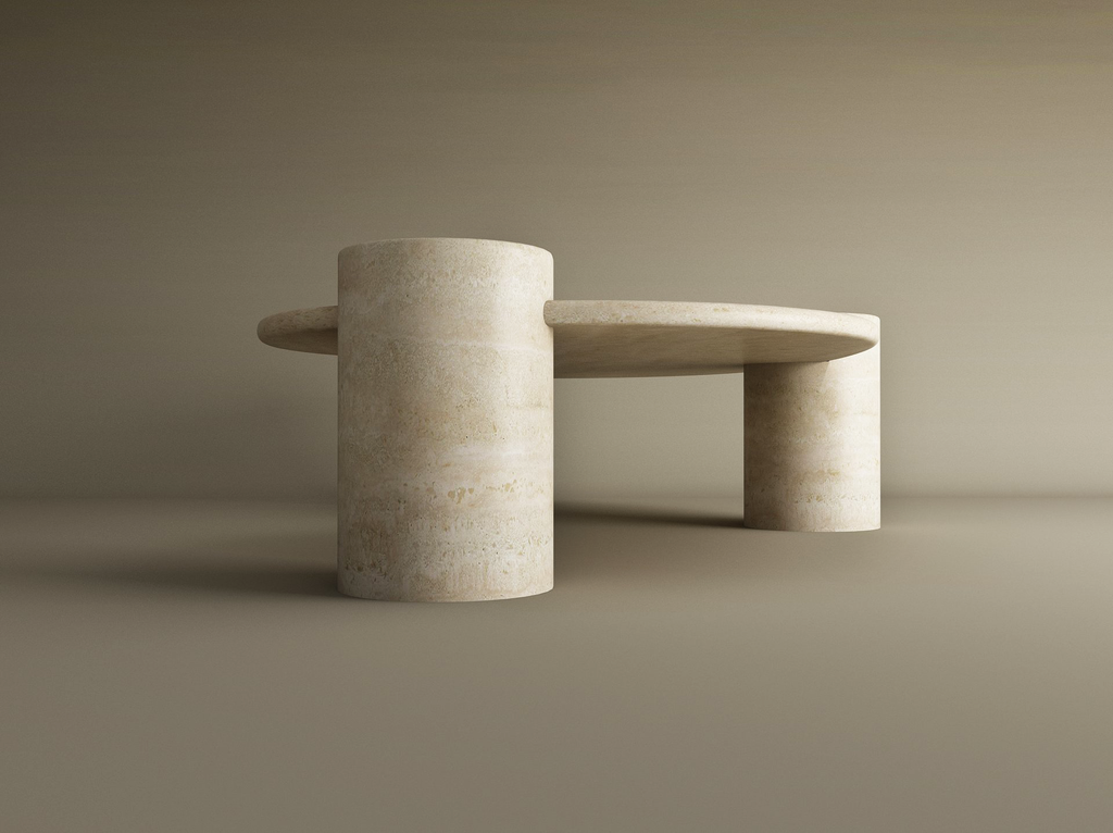 Liora – Table basse ondulée en travertin naturel avec piètements cylindriques-Galerie Pietra