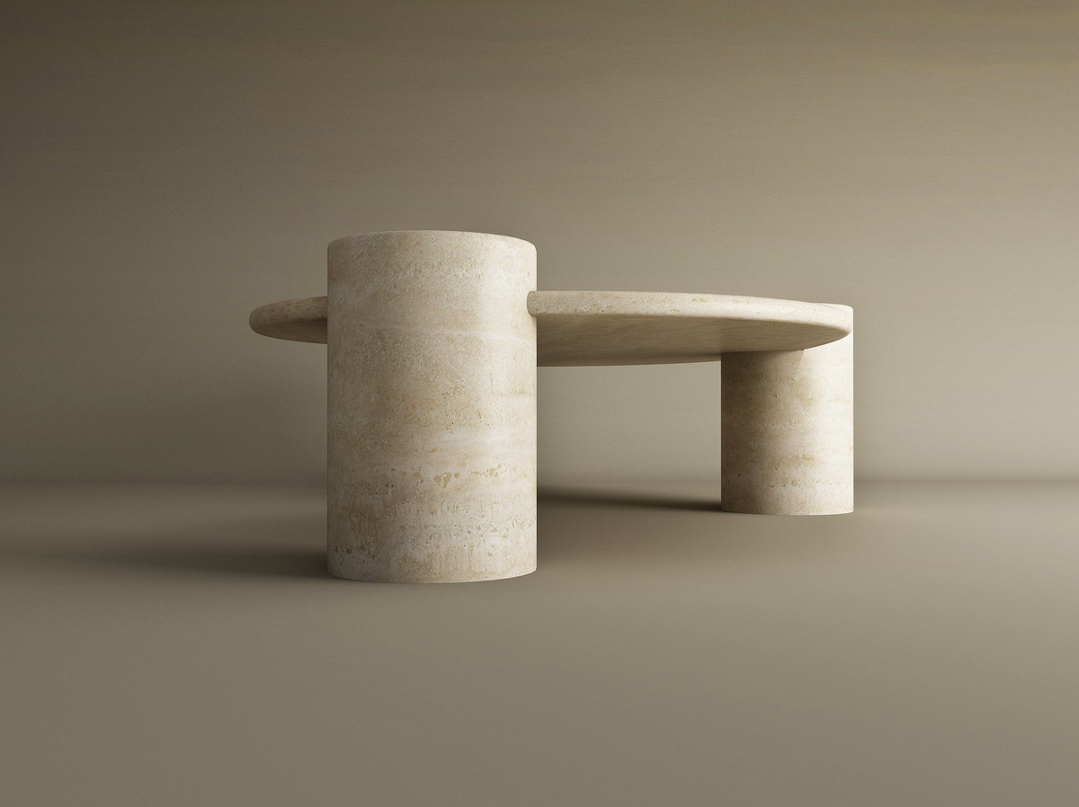 Liora – Table basse ondulée en travertin naturel avec piètements cylindriques-Galerie Pietra