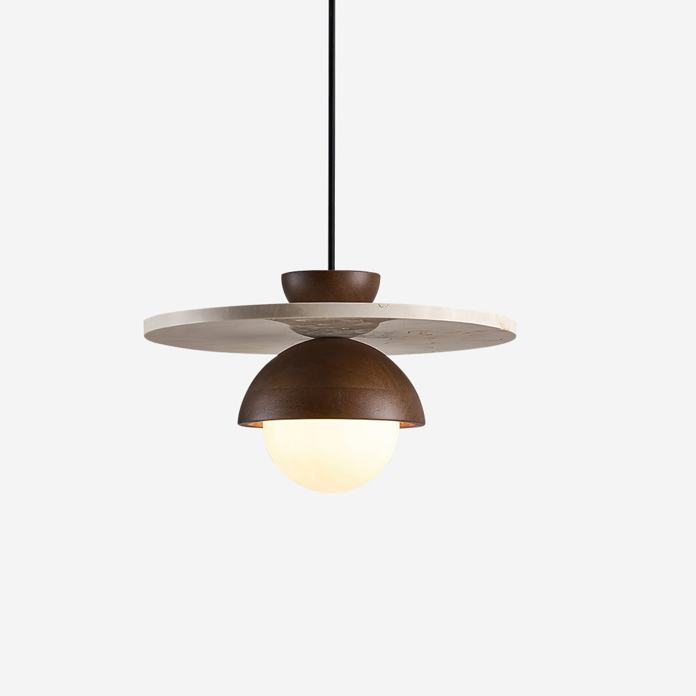 Lunaria – Suspension globe en verre, travertin naturel et bois de noyer-Galerie Pietra