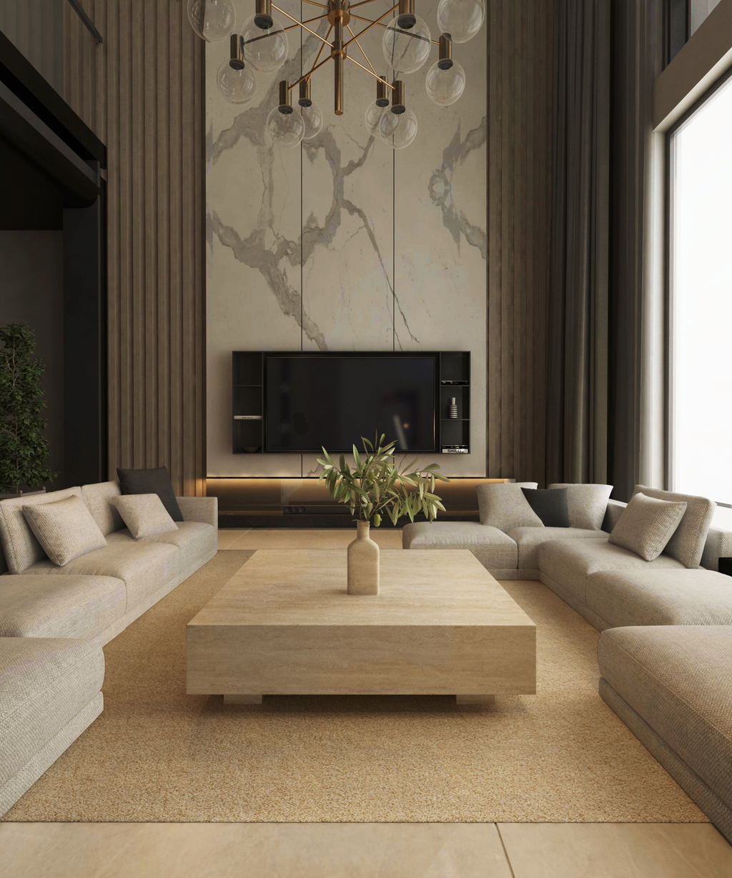 Lunor – Table basse carrée en travertin naturel avec base dissimulée-Galerie Pietra