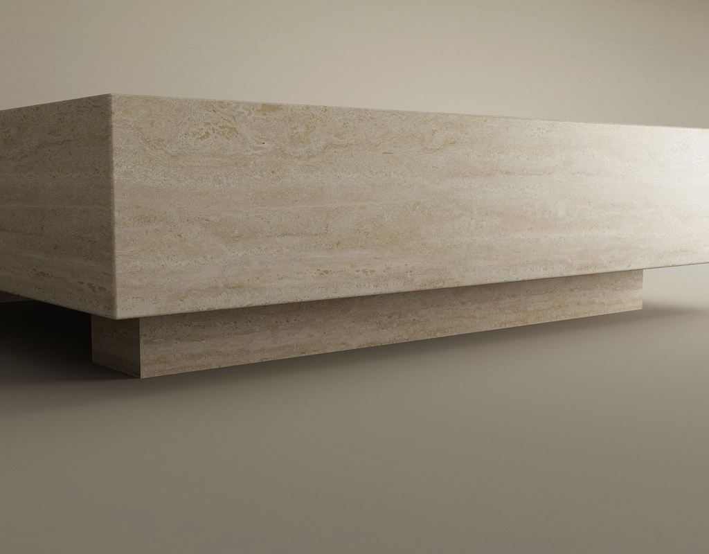 Lunor – Table basse carrée en travertin naturel avec base dissimulée-Galerie Pietra