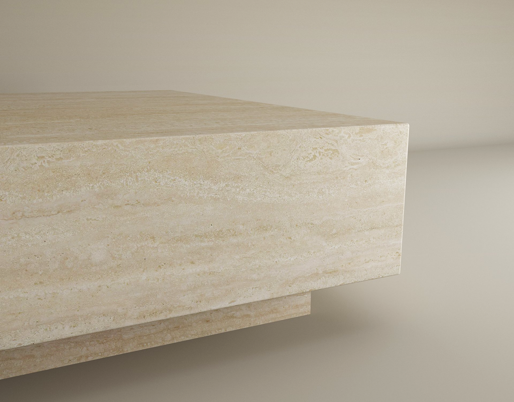 Lunor – Table basse carrée en travertin naturel avec base dissimulée-Galerie Pietra