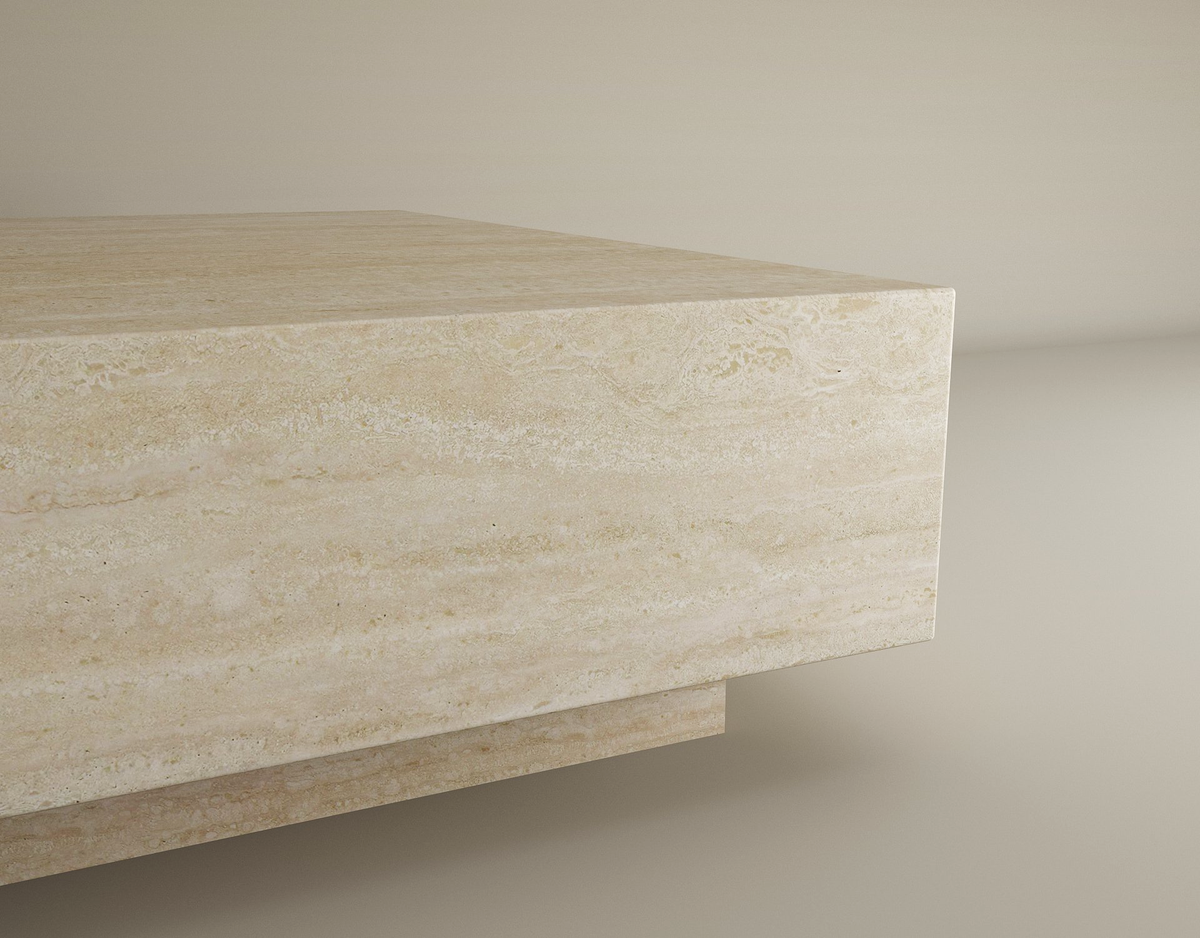 Lunor – Table basse carrée en travertin naturel avec base dissimulée-Galerie Pietra