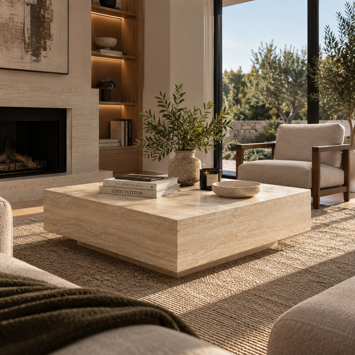 Lunor – Table basse carrée en travertin naturel avec base dissimulée-Galerie Pietra