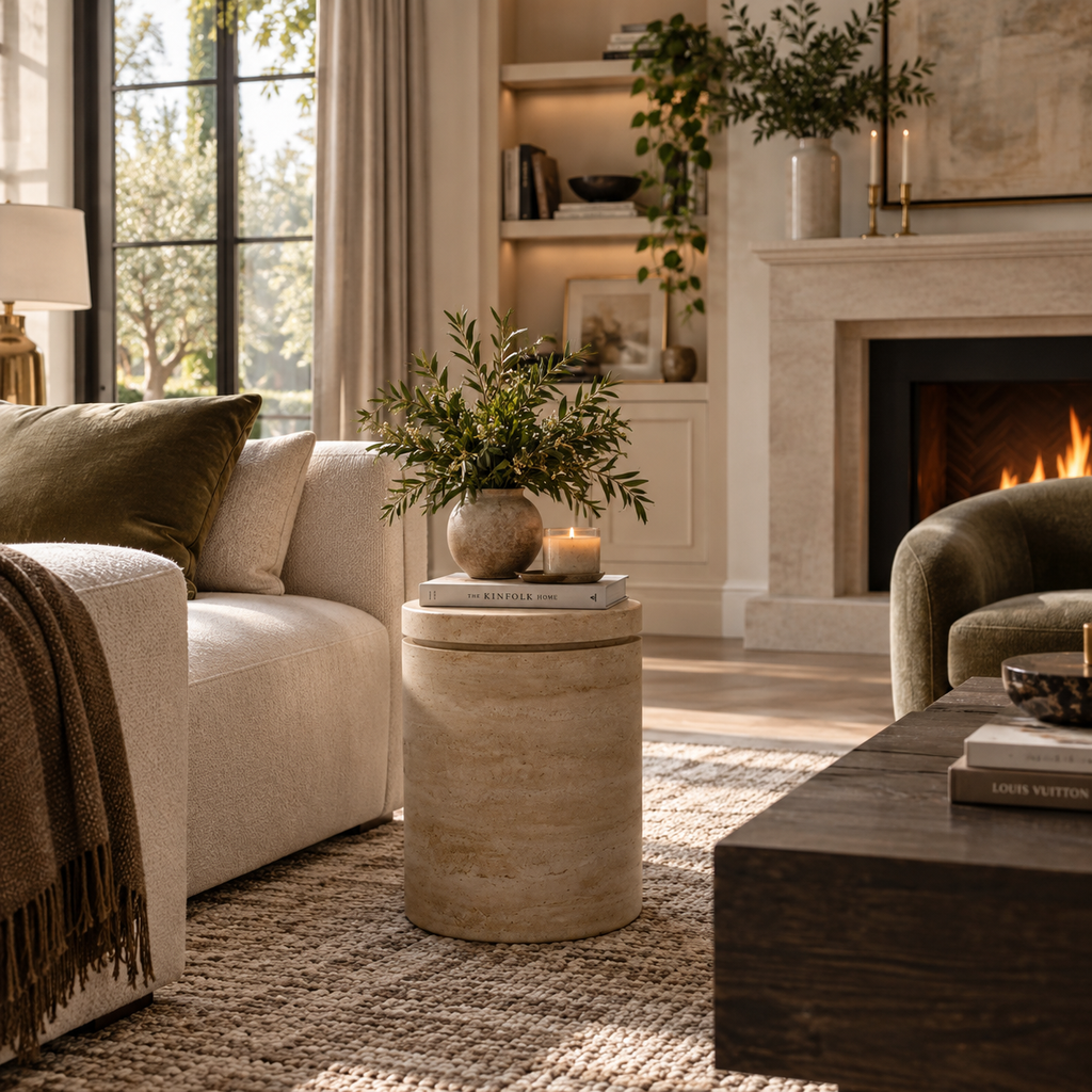 Naxos – Table d’appoint en travertin naturel avec rangement-Galerie Pietra