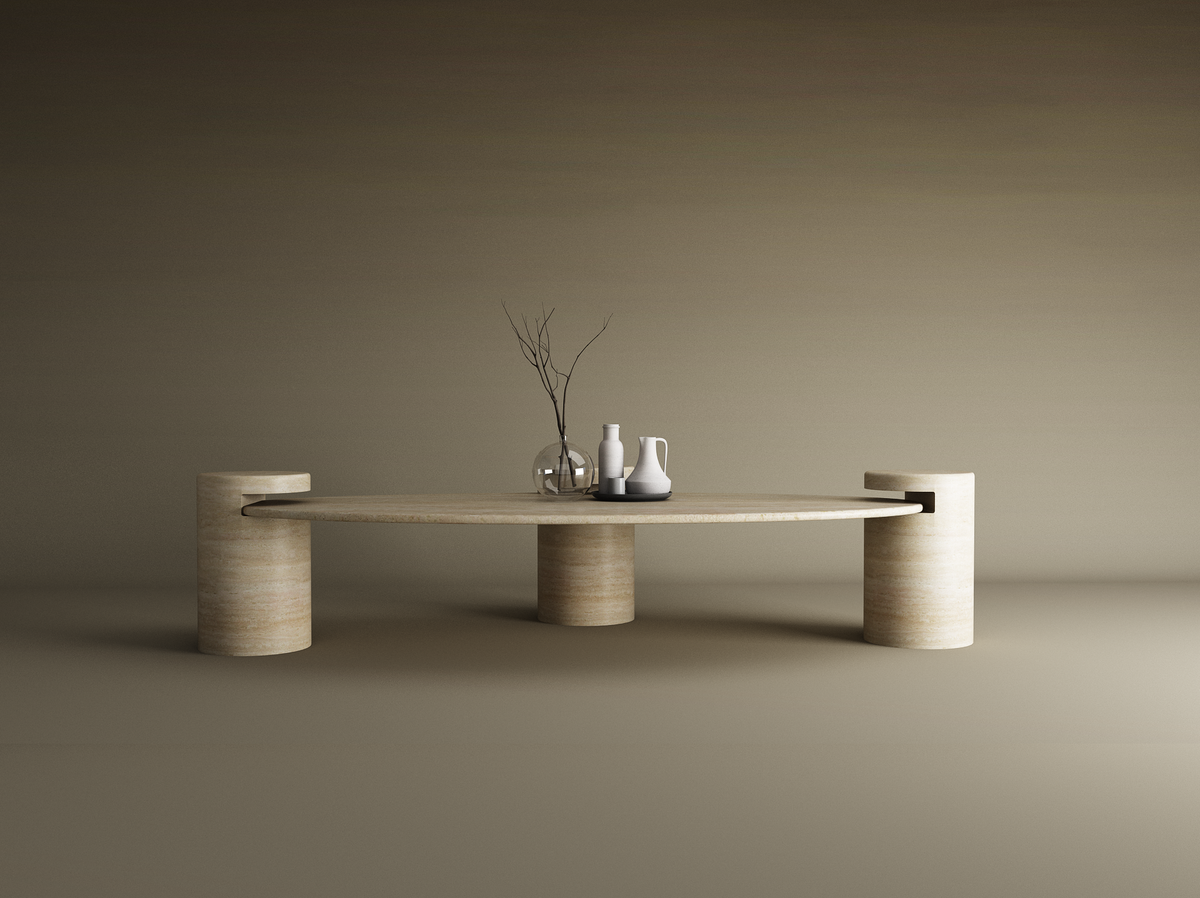 Nerava – Table basse elliptique en travertin naturel avec base cylindrique-Galerie Pietra