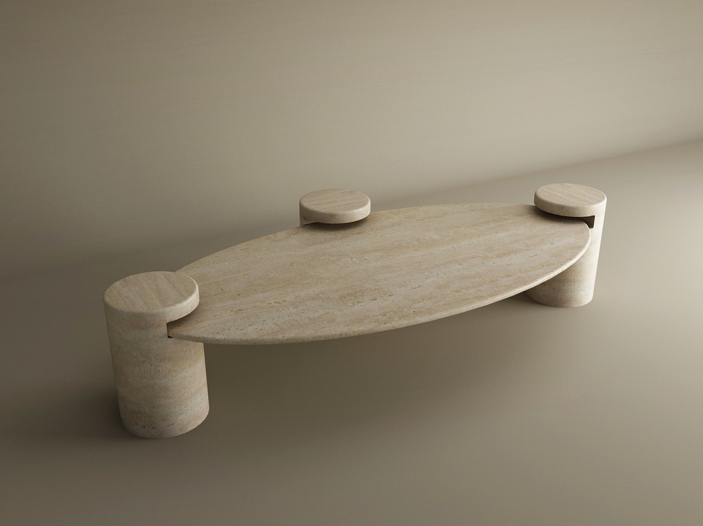 Nerava – Table basse elliptique en travertin naturel avec base cylindrique-Galerie Pietra