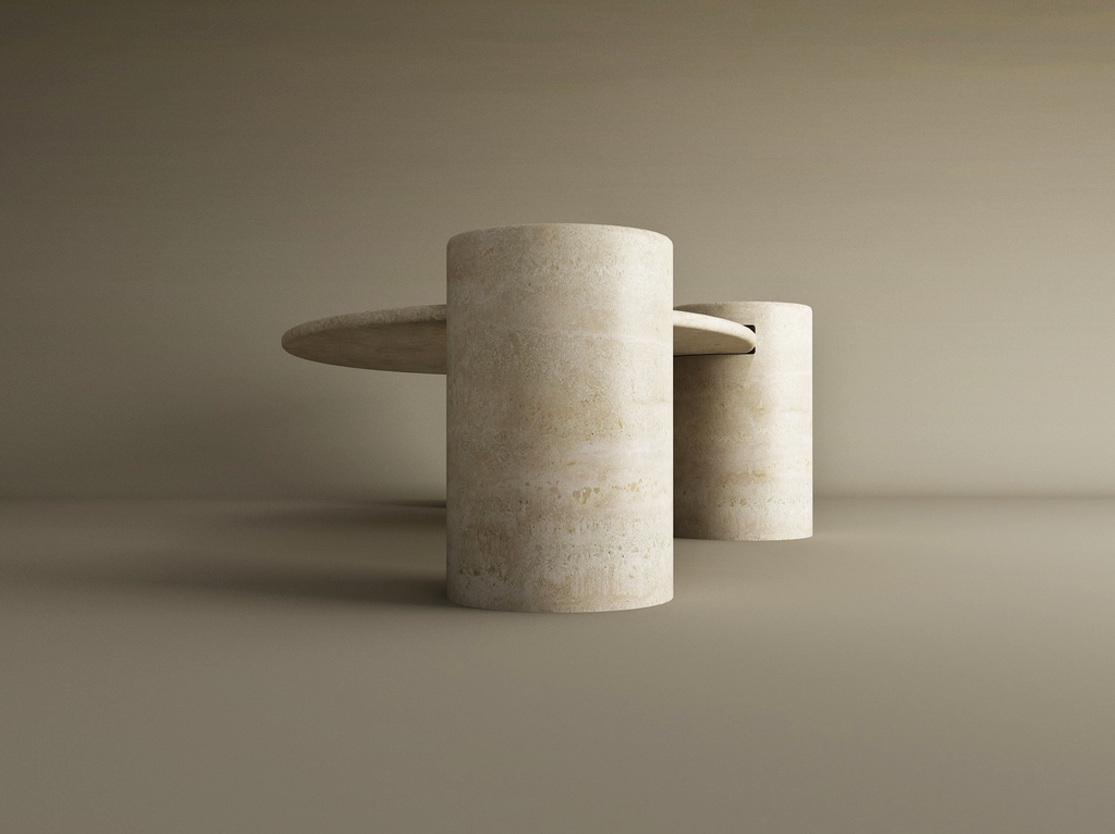 Nerava – Table basse elliptique en travertin naturel avec base cylindrique-Galerie Pietra