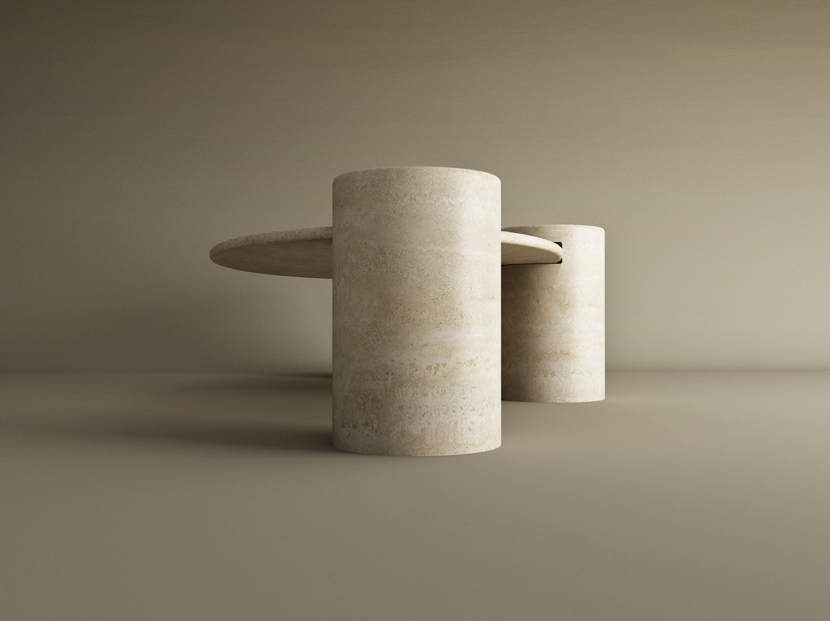 Nerava – Table basse elliptique en travertin naturel avec base cylindrique-Galerie Pietra