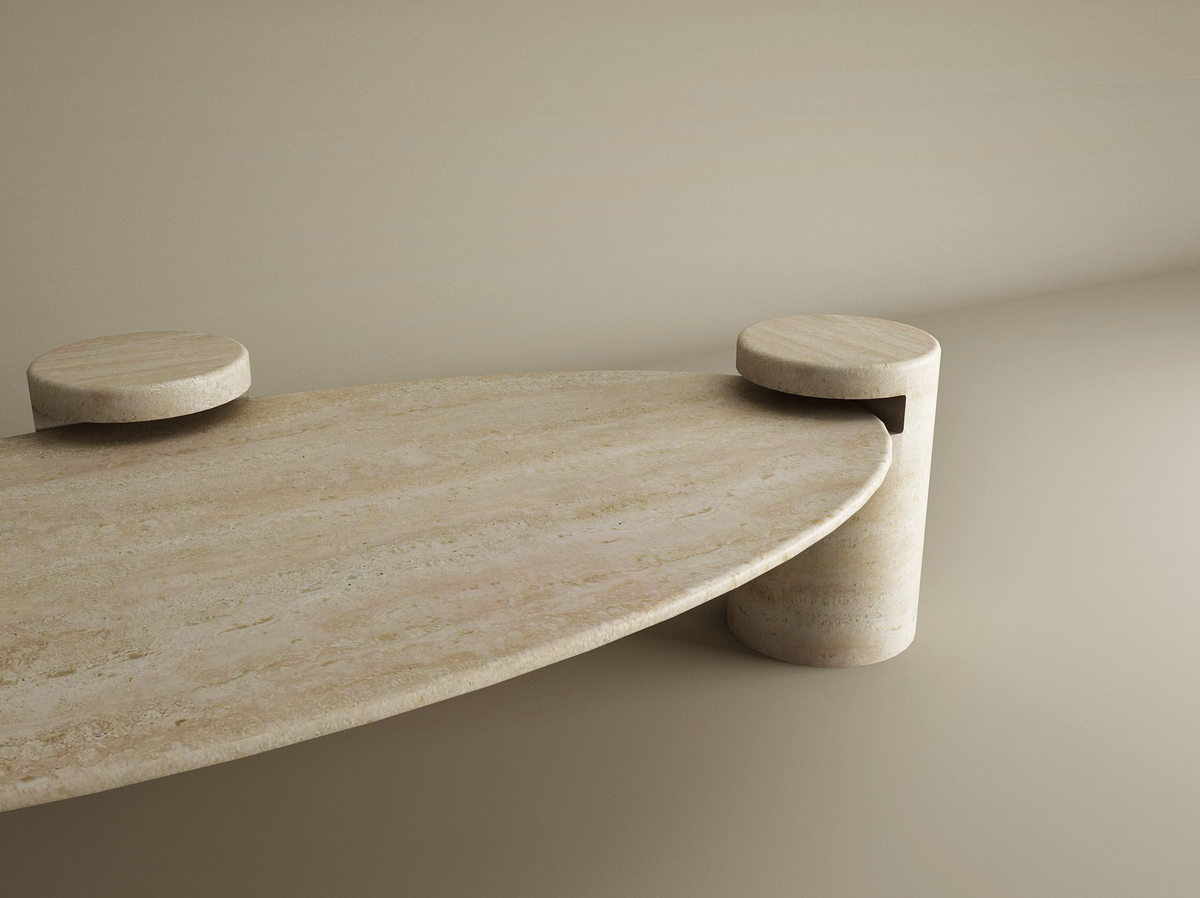 Nerava – Table basse elliptique en travertin naturel avec base cylindrique-Galerie Pietra