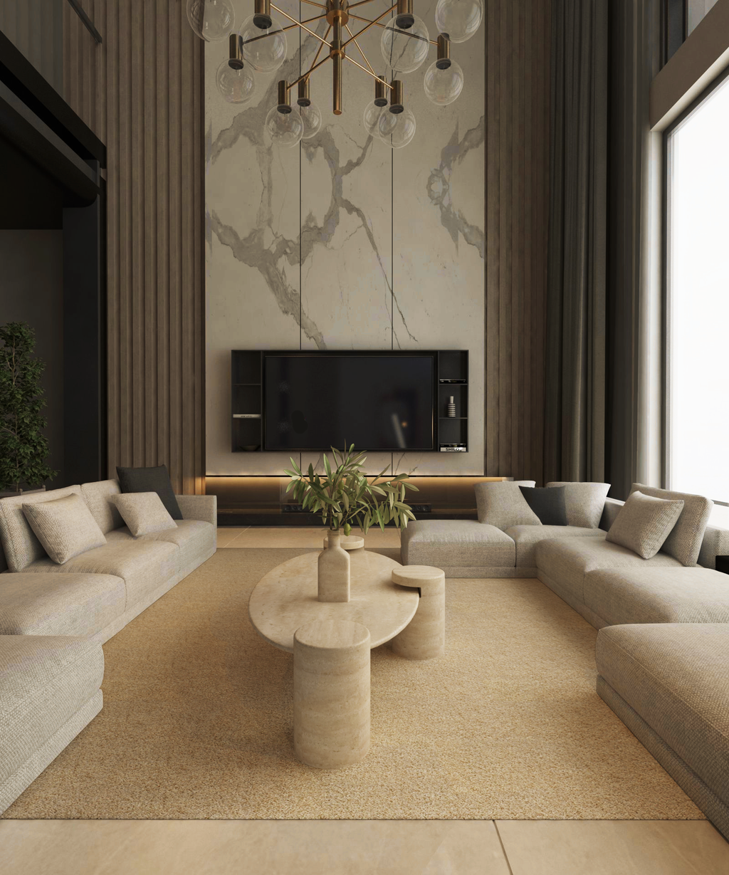 Nerava – Table basse elliptique en travertin naturel avec base cylindrique-Galerie Pietra