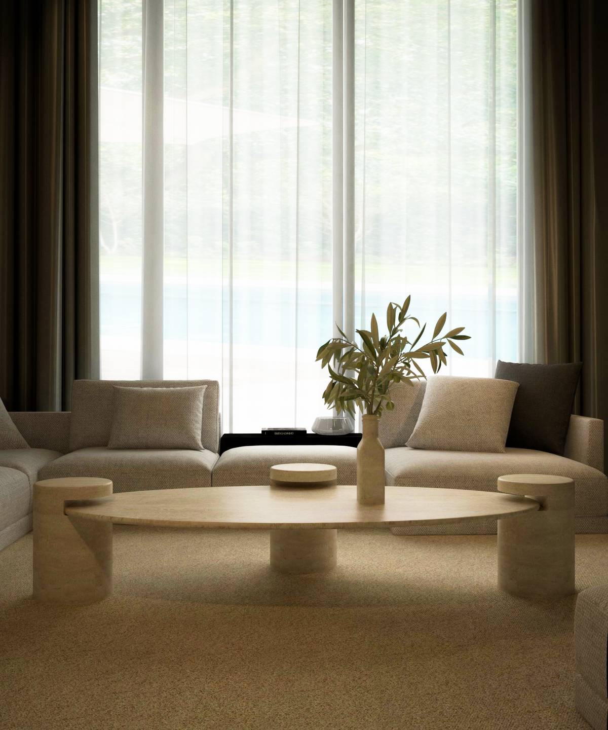 Nerava – Table basse elliptique en travertin naturel avec base cylindrique-Galerie Pietra