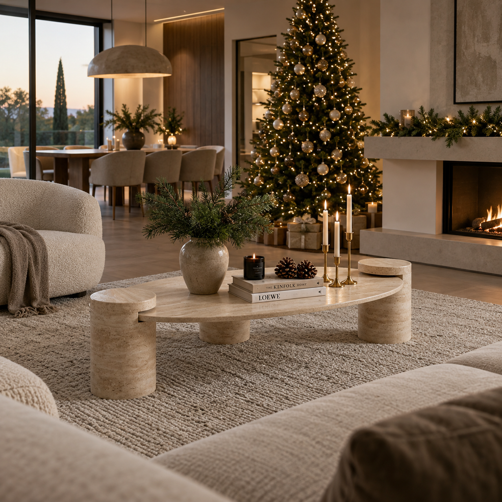 Nerava – Table basse elliptique en travertin naturel avec base cylindrique-Galerie Pietra