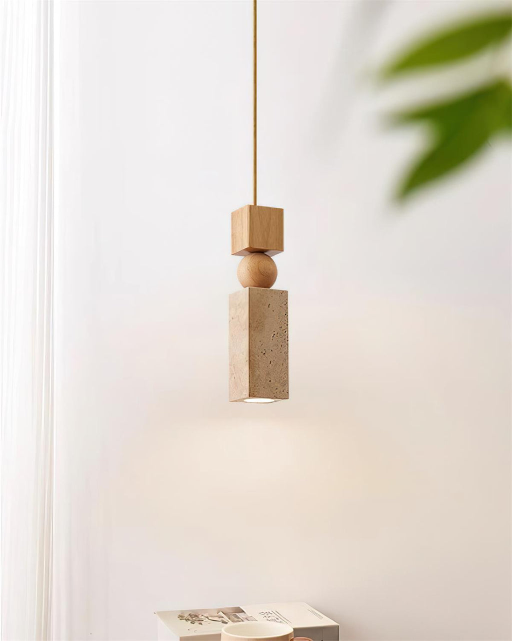 Nordia – Suspension géométrique en bois et travertin naturel-Galerie Pietra