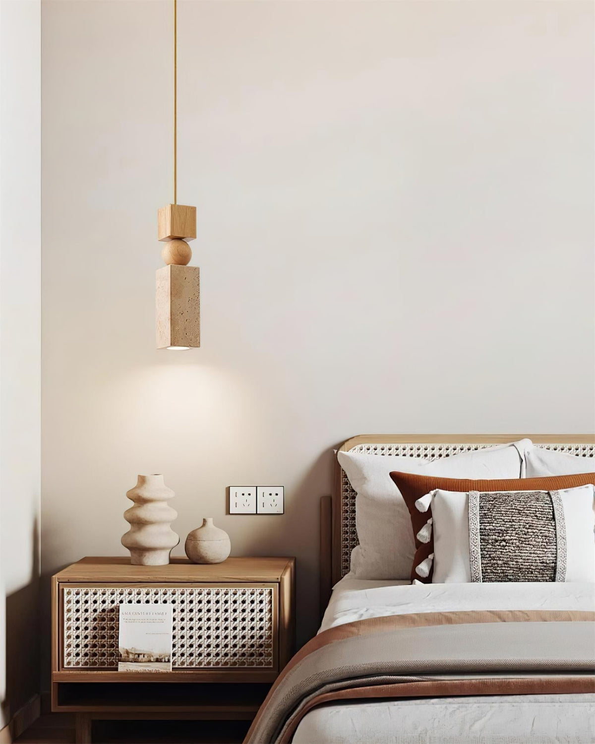 Nordia – Suspension géométrique en bois et travertin naturel-Galerie Pietra