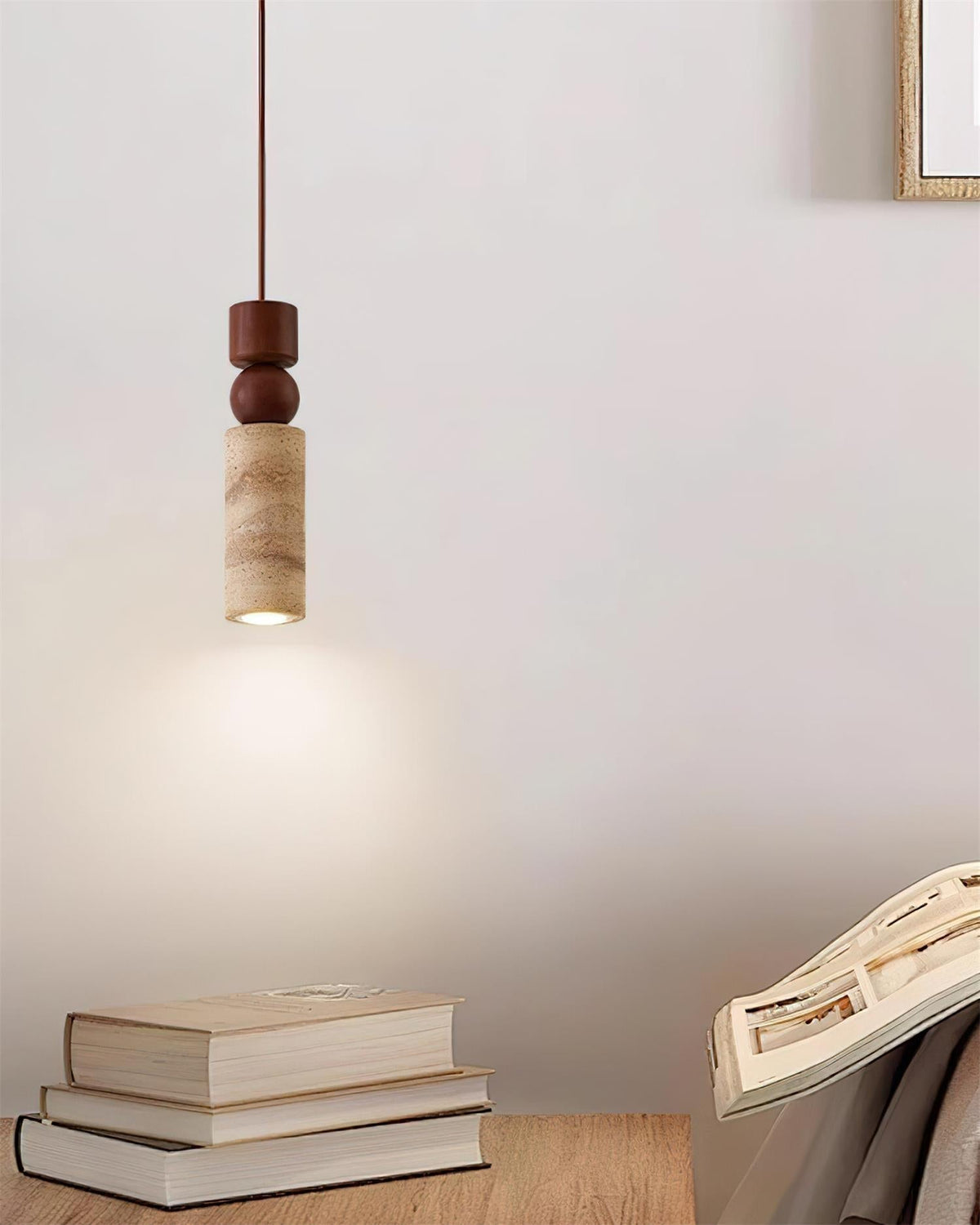 Nordia – Suspension géométrique en bois et travertin naturel-Galerie Pietra