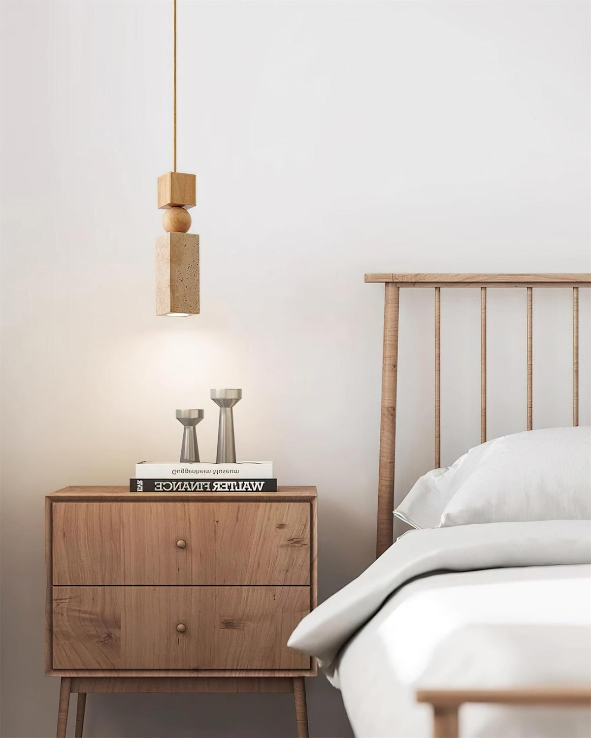 Nordia – Suspension géométrique en bois et travertin naturel-Galerie Pietra