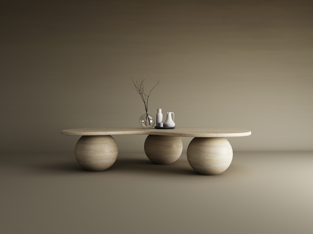 Ondara – Table basse ondulée en travertin naturel avec bases sphériques-Galerie Pietra