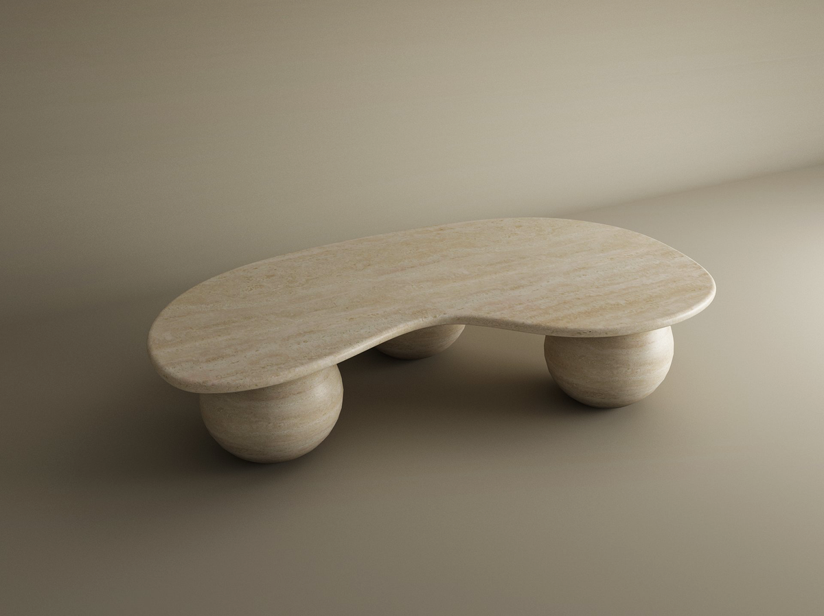 Ondara – Table basse ondulée en travertin naturel avec bases sphériques-Galerie Pietra