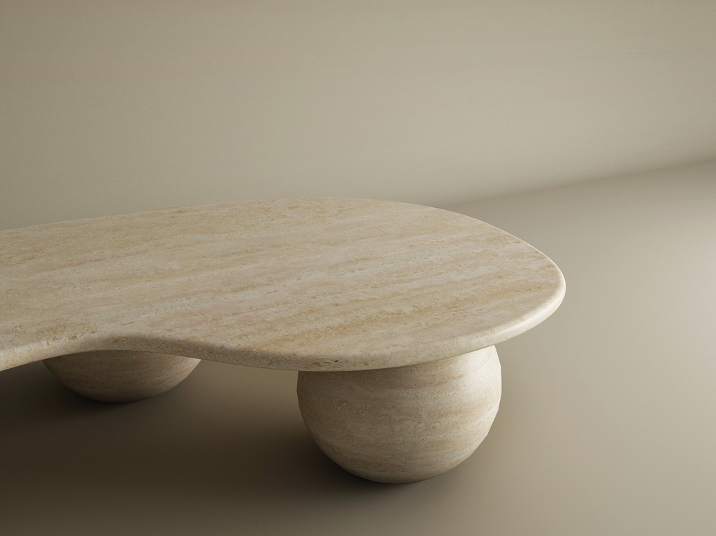 Ondara – Table basse ondulée en travertin naturel avec bases sphériques-Galerie Pietra